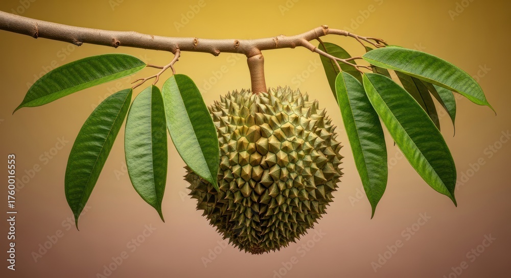 Obraz premium Intricate Durian Fruit Hanging from Branch with Vivid Green Leaves Backdrop