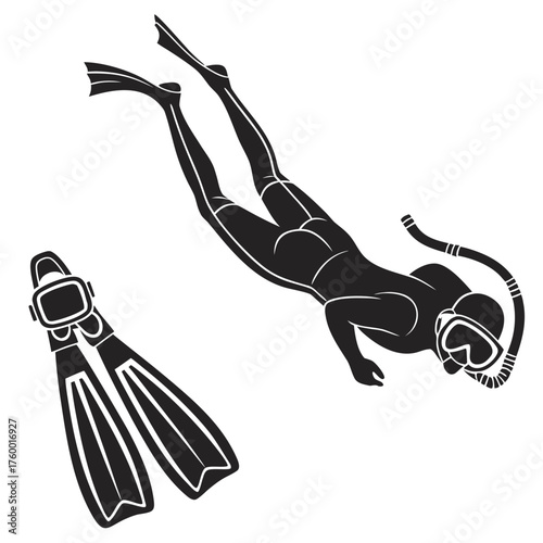 Silhouette of a scuba diver and flippers ready for underwater exploration