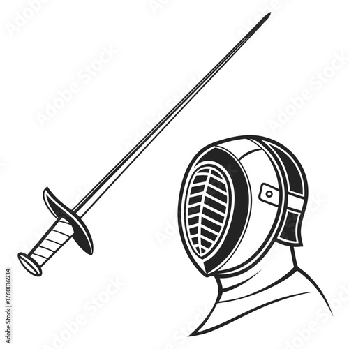 Fencing sword and mask sports equipment silhouette line art competition gear