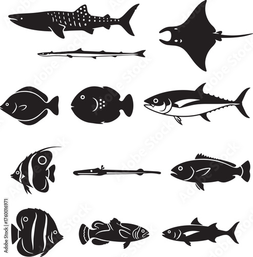 Deep Ocean and Tropical Fish Silhouettes - Detailed Marine Vector Set
