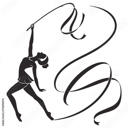 Rhythmic gymnastics silhouette of athlete with flowing ribbon dance movement