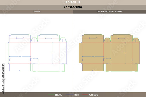 Kraft gable box dieline with handles vector printing packaging template showing structured fold system and accurate die line configuration for bakery or food items