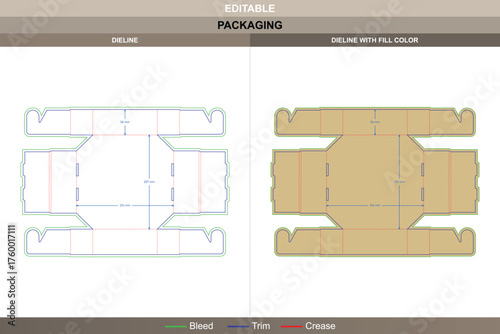 Kraft paper tray box dieline professional vector printing packaging template with auto bottom folding structure and accurate die line configuration for food packaging