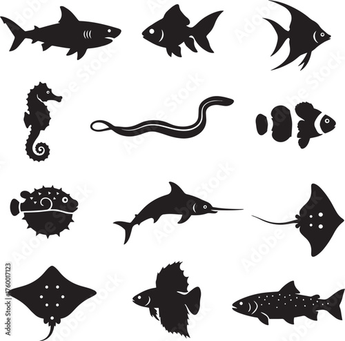 Diverse Aquatic Life and Sea Creatures - Silhouette Vector Icon Set