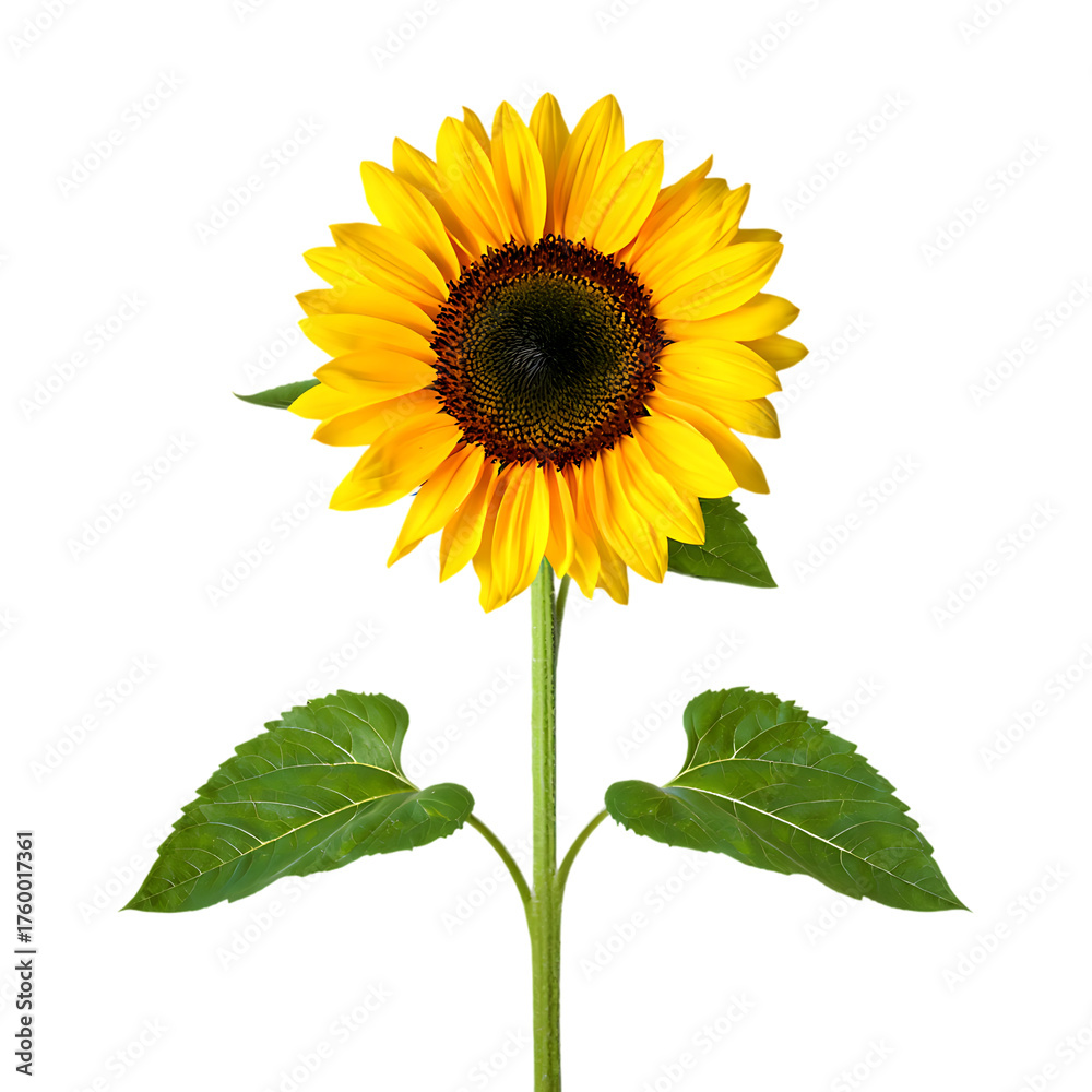 Obraz premium sunflower blossom with stem and leaves, yellow petals and brown center on png background