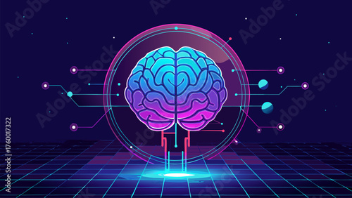 Neural Network Interface Intelligence Hub. Neon Grid Technology Futuristic Brain Connection. Digital Landscape Virtual World Network. Electronic Circuitry, Holographic Communication.