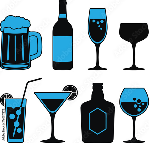 Collection of blue and black alcoholic beverages and barware icons in a clean design