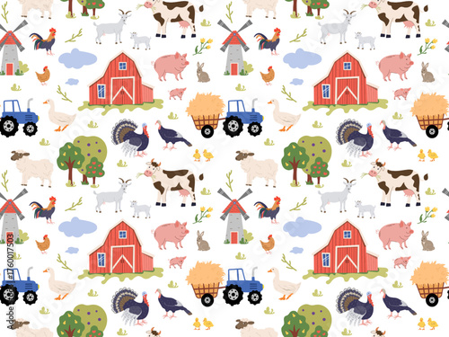 A colorful seamless pattern with farm elements including a barn, tractor, windmill, trees, and various animals (cow, pig, sheep, turkey, rooster, goose, rabbit). Ideal for fabric, wrapping paper, and 