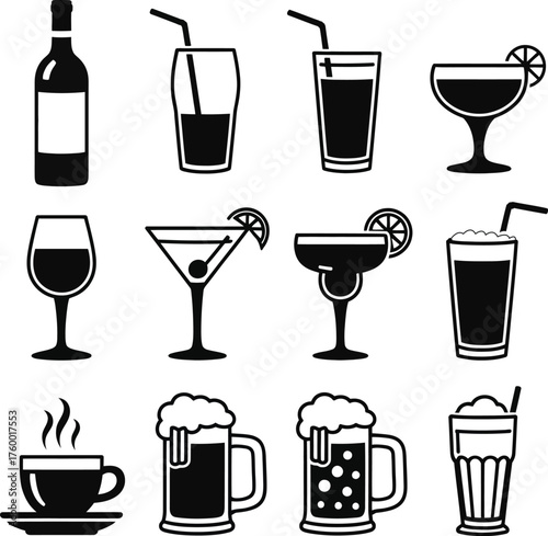 Set of diverse beverage icons including cocktails coffee beer wine and more