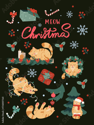 Christmas elements set with adorable ginger cats playing with Christmas decorations, including gifts, wreaths, lights, holly, and snowflakes on a dark background. 