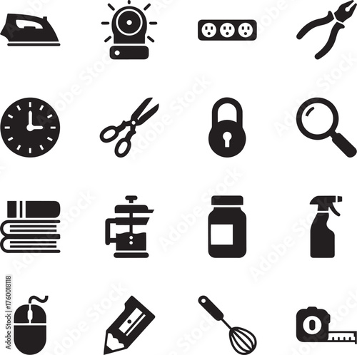 Home, Office, and Tool Silhouette Vector Icon Set for Utilities and Objects