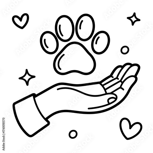Hand holding paw print with hearts and stars line art illustration for animal lovers and pet adoption awareness
