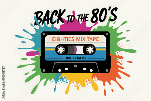 Nostalgic Back to the 80s Themed Graphic with Cassette Tape and Paint Splatters Celebrating Retro Music and Design Aesthetics