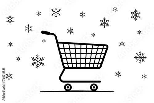 Winter Shopping Spree Black and White Illustration of a Shopping Cart Surrounded by Snowflakes Representing Holiday Sales