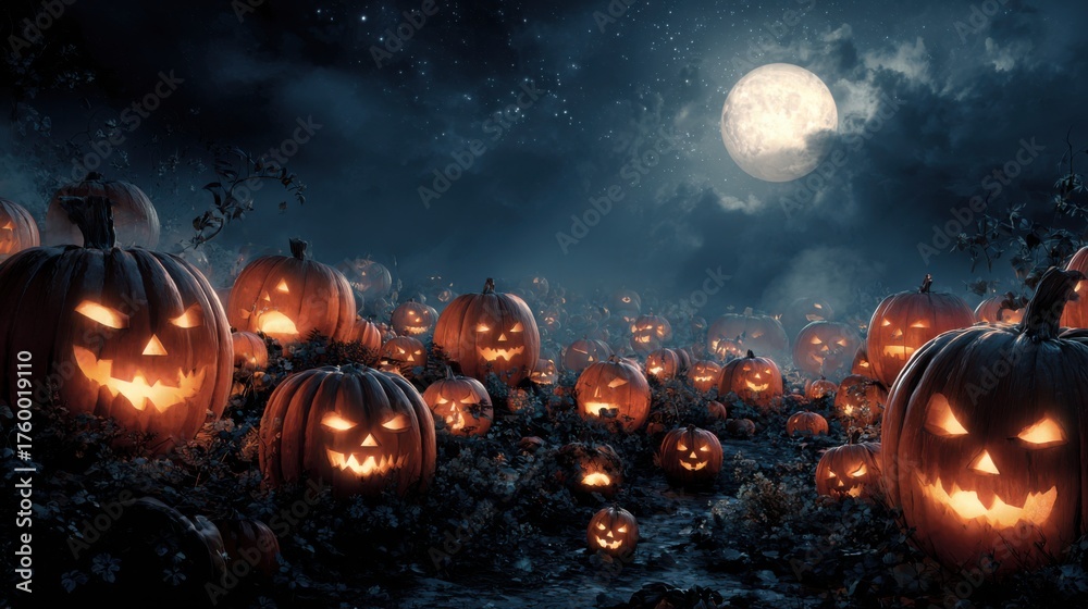Naklejka premium field of glowing jack-o'-lanterns at night,