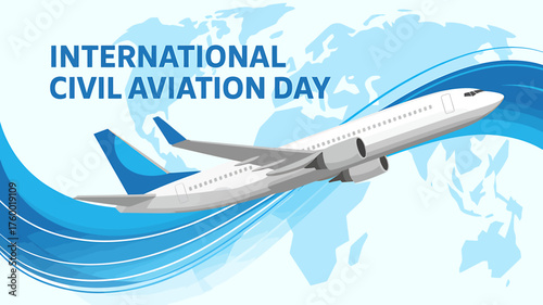 International Civil Aviation Day Illustration with Passenger Airplane Flying Over World Map and Blue Design Element
