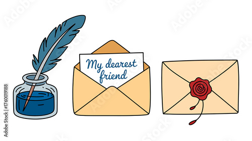 Elegant handwritten letter with quill and inkwell and sealed envelope illustrating the art of correspondence and traditional writing