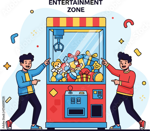 Two Men Playing Claw Crane Arcade Machine Entertainment Zone