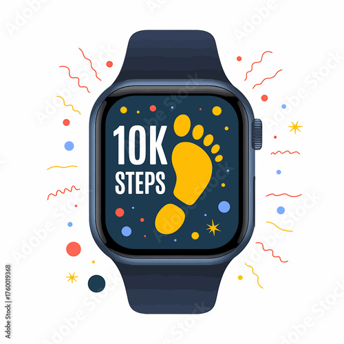Smartwatch displaying 10K steps achievement with vibrant confetti and footprint icon symbolizing fitness tracking and healthy lifestyle goals