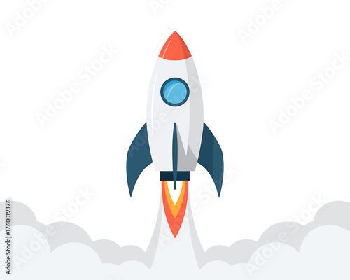 Rocket launch illustration representing startup success and innovation in business and technology with a clean white background and smoke trail