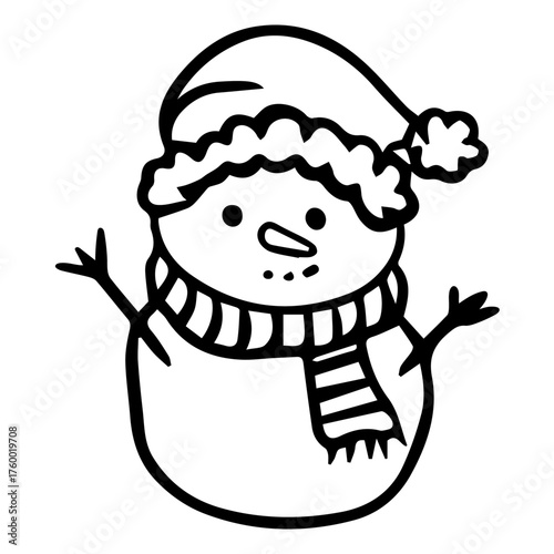 Snowman icon in winter hat and scarf in doodle style. Vector illustration isolated on white background.