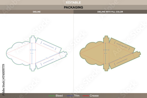 Triangle cake box dieline vector printing packaging layout structured fold panels and accurate die line design for bakery product presentation