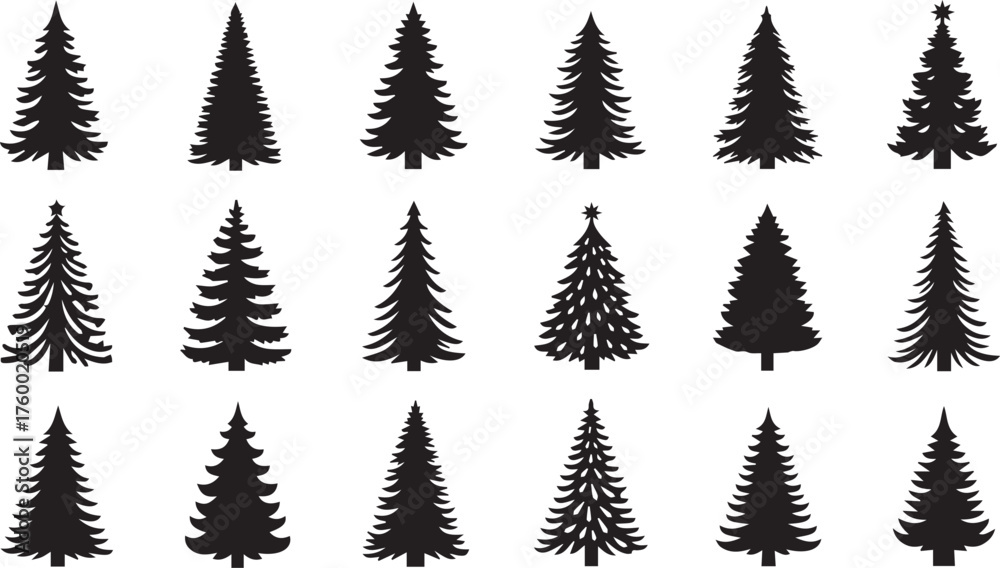 Obraz premium Collection of diverse black silhouette christmas trees with textured pine needles on white background