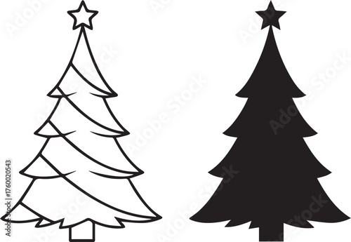 Two stylized christmas trees one outlined and one solid black silhouette with a star on top