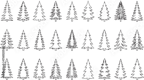 Collection of hand drawn sketchy evergreen trees in black and white illustration style