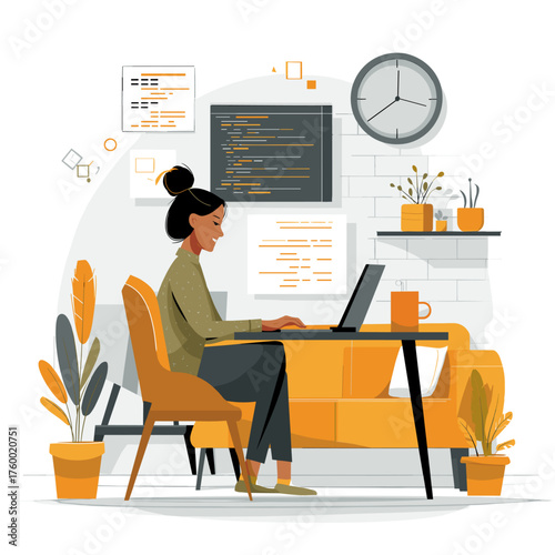 Female Programmer Working at Desk with Code Windows, Flat Vector Office Illustration with Bright Colors and Modern Workspace