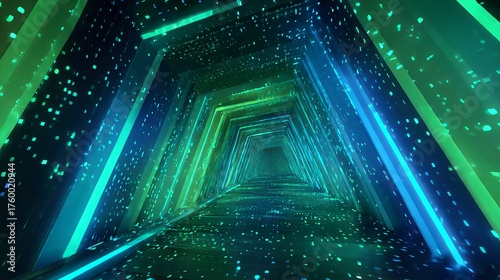 Fototapeta Naklejka Na Ścianę i Meble -  Step into a vibrant, geometric world! This 3D rendering showcases a colorful, neon-lit virtual reality tunnel. Abstract background features neon green and blue lines and dots