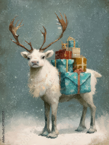 Festive reindeer carrying Christmas gifts in a snowy winter scene