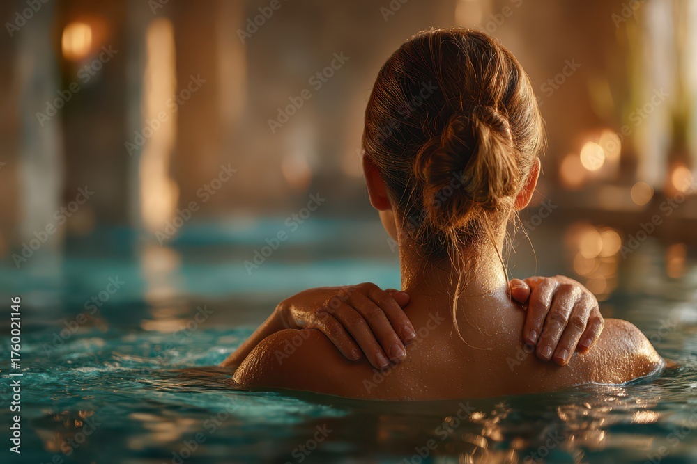 Fototapeta premium A serene moment: Woman relaxing in a luxurious spa pool, enjoying the warm, soothing water and the peaceful ambiance of the spa environment.
