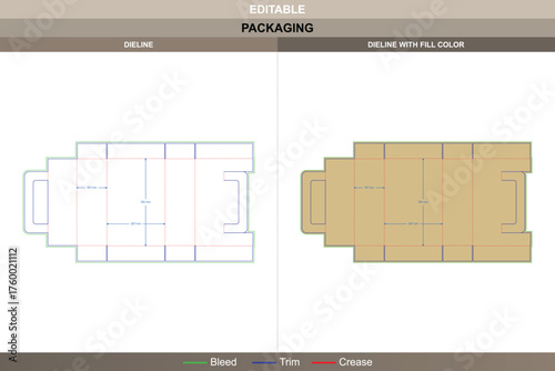 Tuck end box dieline with handle vector printing packaging layout structured folds and precise die line mapping ideal for portable product packaging