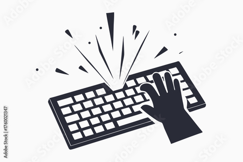 Hand strikes a keyboard causing an impactful action and creating abstract dynamic motion lines