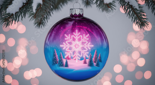 Modern Christmas ornament with a glowing neon snowflake design hanging from a snowy branch. Purple and blue bauble with pink bokeh lights.