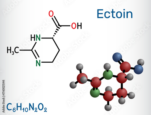 Ectoin molecule. Extremolyte osmoprotectant for skincare hydration, barrier and UV protection, nasal and eye spray soothing in allergy care. Vector illustration