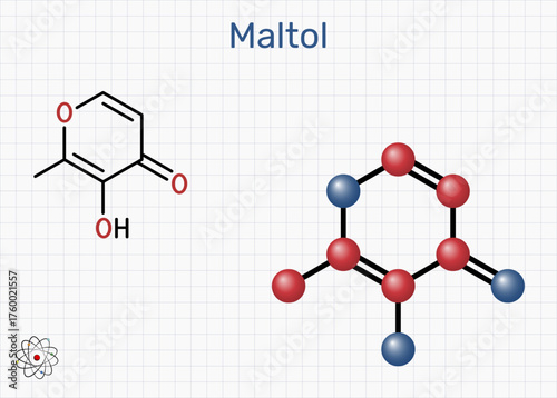 Maltol E636 molecule. Flavour enhancer and aroma compound. Sheet of paper in a cage. Molecular model. Vector Illustration