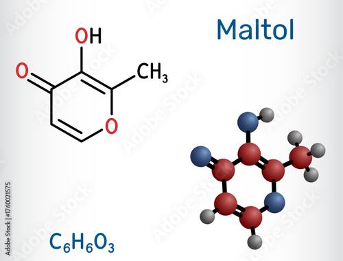 Maltol E636 molecule. Flavour enhancer and aroma compound. Vector illustration