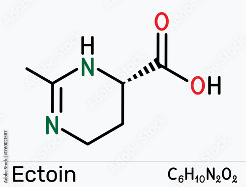 Ectoin molecule. Extremolyte osmoprotectant for skincare hydration, barrier and UV protection, nasal and eye spray soothing in allergy care. Vector illustration