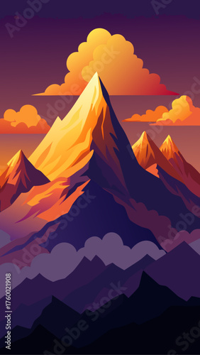 Majestic mountain peaks bathed in the warm glow of a dramatic sunset