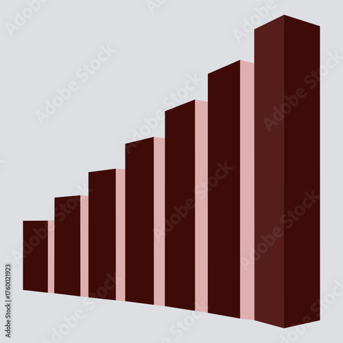 Increasing bar chart with alternating colors columns on a brown base against a white background symbolizing growth and progress, A simple, colorful bars showing an upward trend on a light.