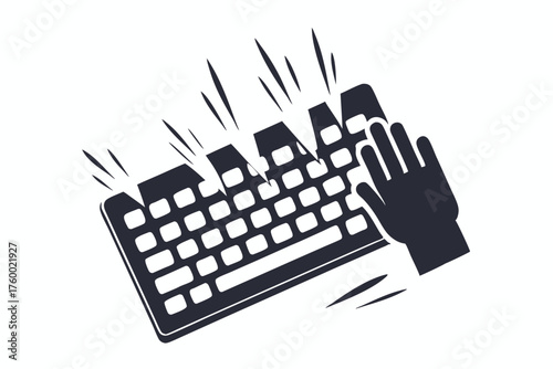 Frustrated hand slams down hard on a computer keyboard, causing damage and sparks