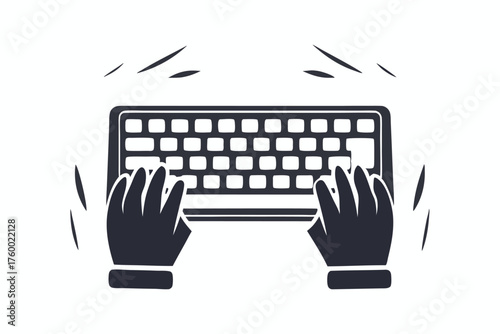 Animated hands swiftly type onto a stylized keyboard in black and white art