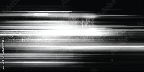 Dynamic black and white horizontal streak pattern with bright light, ideal for tech backgrounds or motion graphics design.