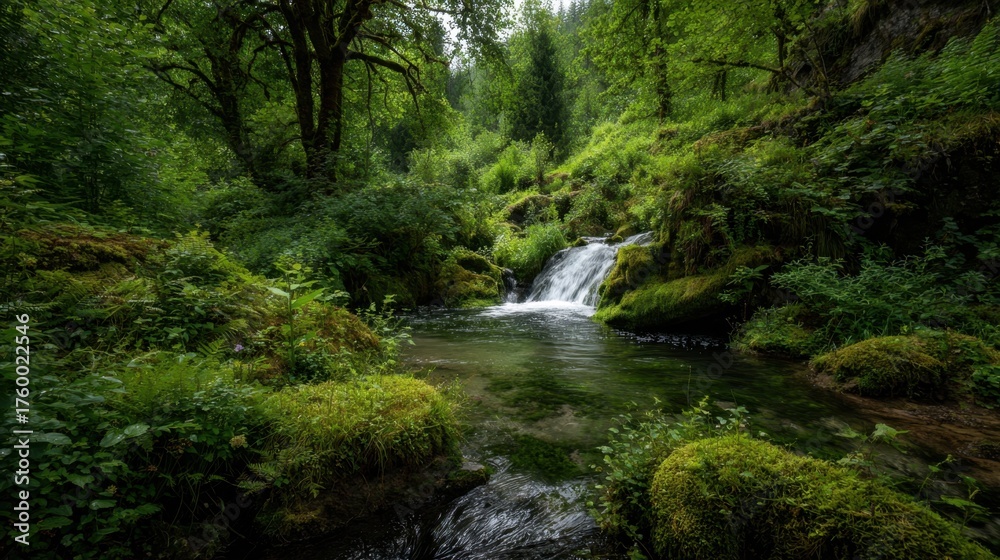 Obraz premium A lush green forest with a small stream running through it. The water is clear and calm, and the surrounding vegetation is dense and thriving. The scene is peaceful and serene