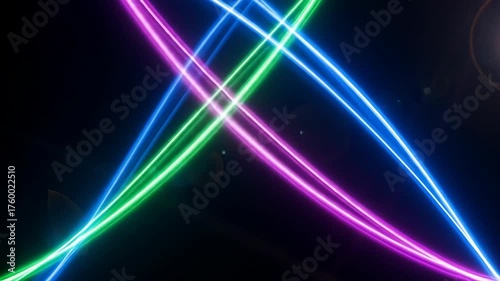 Glowing neon lines in blue, purple, and green against a black backdrop, creating a vibrant abstract pattern