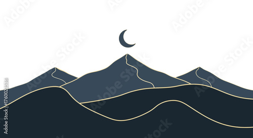 Minimalist Mountain Range And Crescent Moon At Night With Dark And Light Contrasts