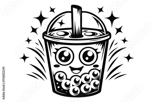 A cute black and white tapioca milk tea has a big smile and stars