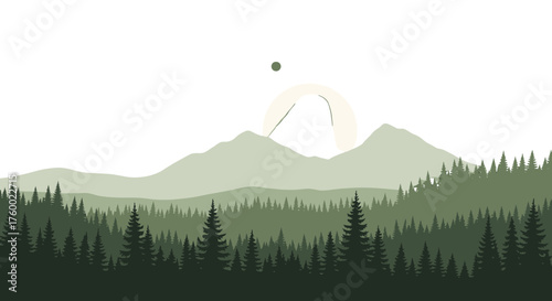 Minimalist Mountain Sunset Scenery with Trees and a Unique Moon Shape Design